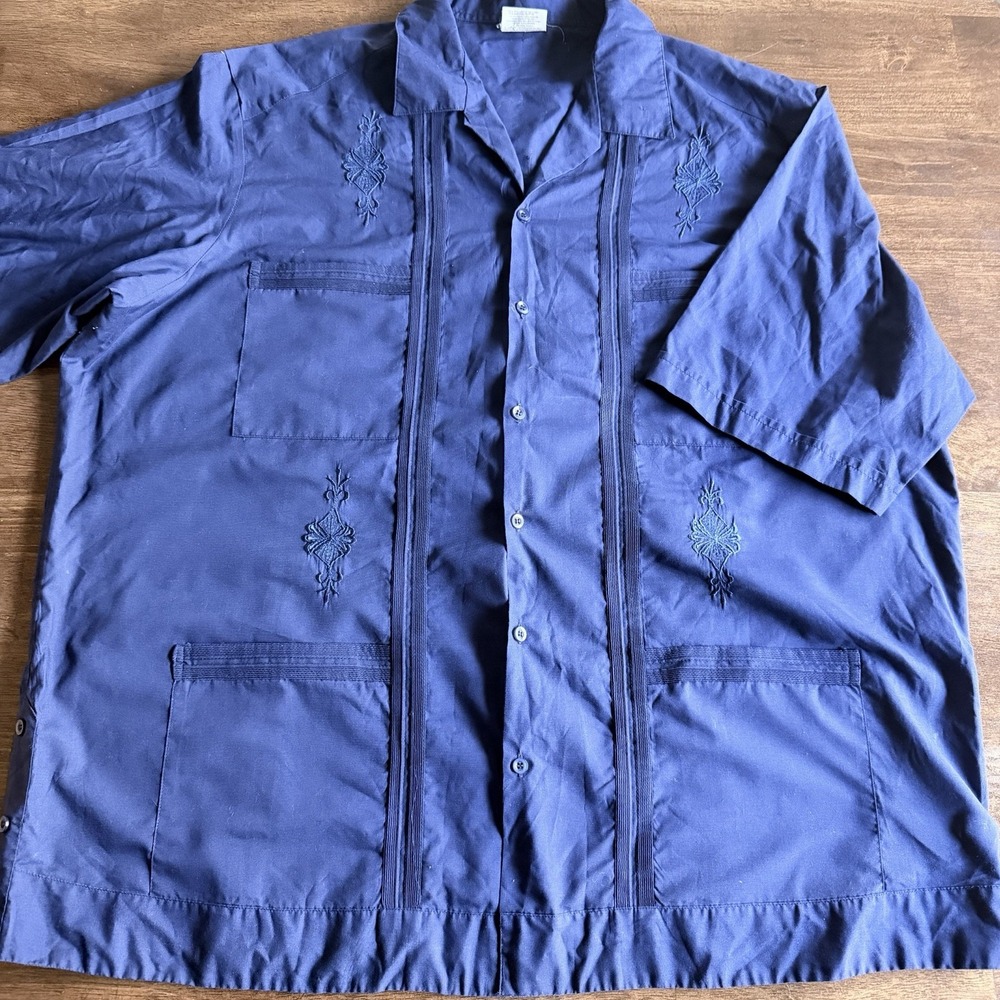 Abdala Guayabera Blue Size 46 Men's 3XL Pleated Embroidery Fiesta Button Down